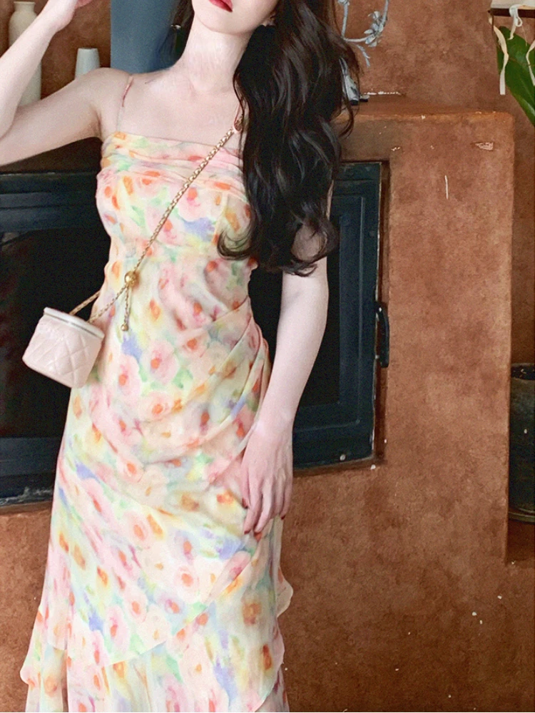 

Summer Print Elegant Floral Dress Women Ruffle Flounce Suspender Party Dress Female Bodycon Korean Style Fairy Midi Dress 2023