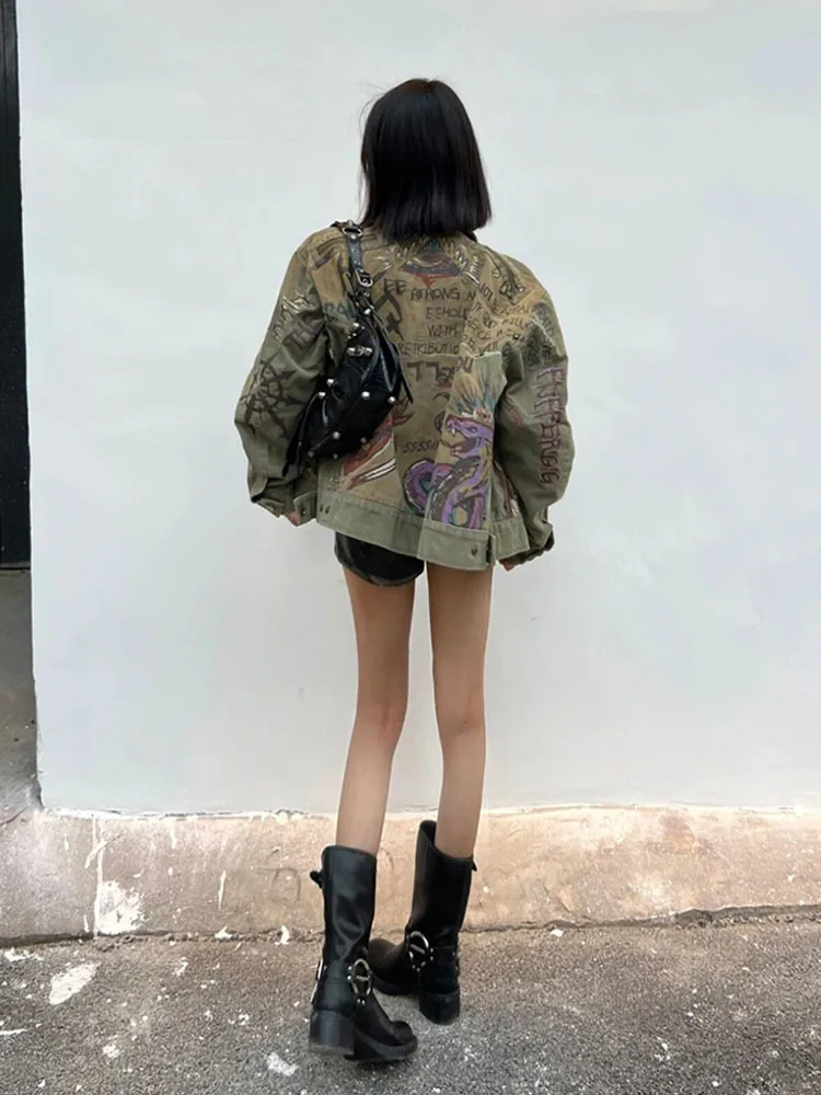 Женская джинсовая куртка с принтом в стиле Харадзюку