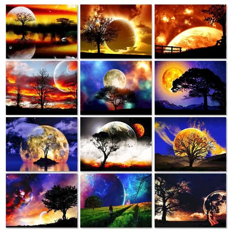 

RUOPOTY DIY Oil Painting By Numbers Moon Landscape Wall Art Paintings On Number Picture By Numbers Tree For Home Decoration Gift