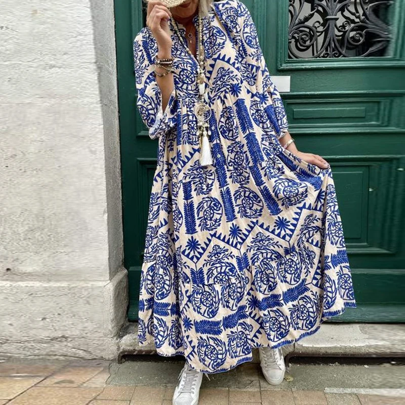 

Платье женское длинное с цветочным принтом, V-образным вырезом и рукавом 3/4