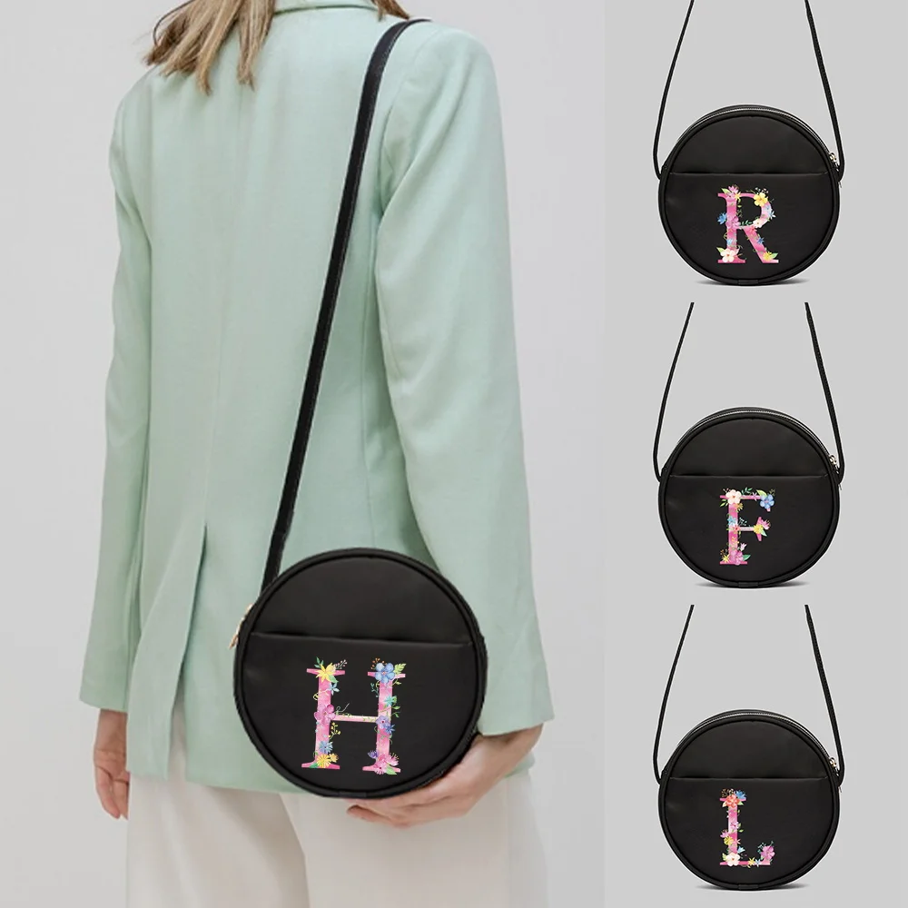 

2022 Women's Korean Version of The Pink Letter Pattern Round Bag Printing Commuter Diagonal Canvas Black Cosmetic Shoulder Bag
