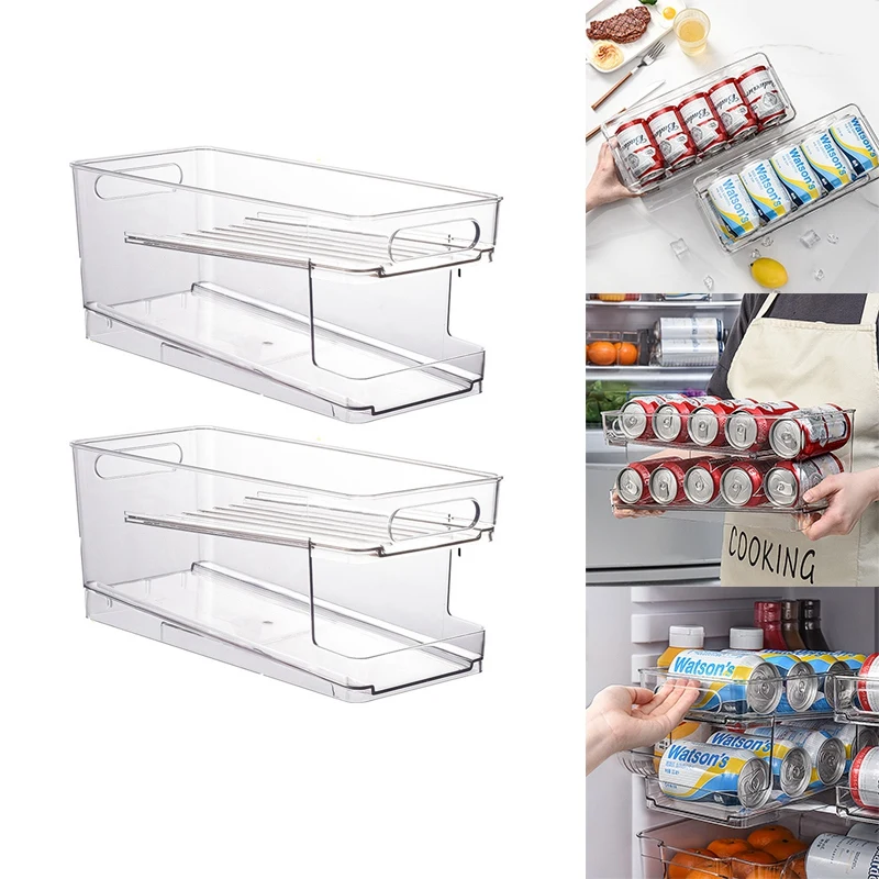 

2 Tier Rolling Refrigerator Organizer Bins Soda Storage Rack Container Drink Beverage Dispenser for Freezer Kitchen