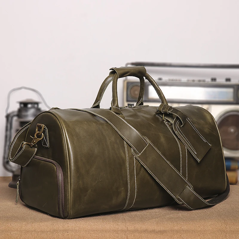 Vintage Men's Hand Luggage Bag First Layer Cowhide Travel Bag Avocado Green Oily Leather Duffle Bag with Shoe Bag 16-inch Laptop