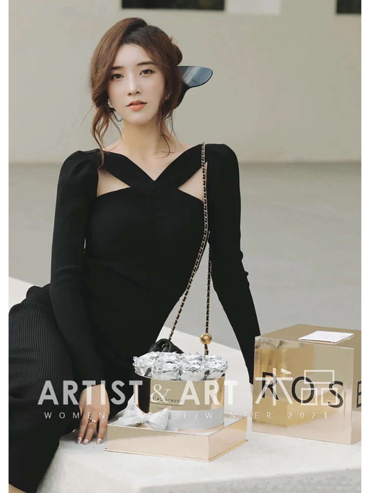 

[Предоставляется label】 2022 весенние женские модные дизайнерские Сексуальные Вязаные обтягивающие однотонные платья с длинным рукавом