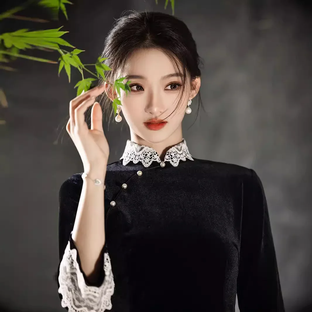 Осенне-зимнее бархатное платье Cheongsam в китайском стиле повседневное свежее