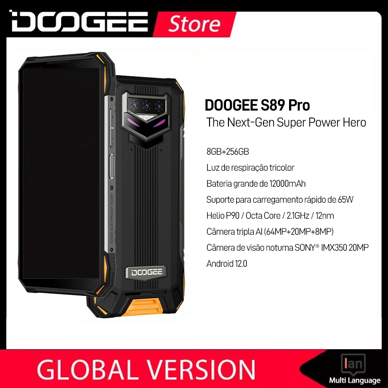 Tanie Światowa Premiera DOOGEE S89 Pro Wytrzymały Telefon 65W 8GB RAM + 256GB ROM Helio P90 64MP Ai Główna Kamera 12000mAh Duża Bateria Telefon