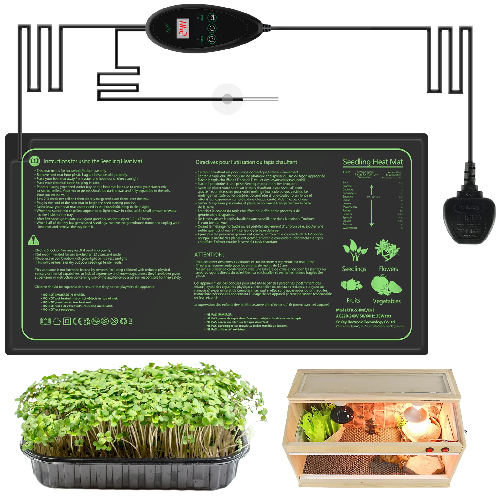 

50x25cm UK Plug Seedling Heat Mat Waterproof Plant Heating Pad 6 Temperature Adjustment Timing Function Plant Heated Propagator