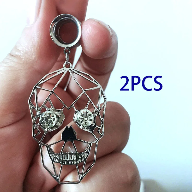 

2PC Skull Head Pendant Zircon Ears Tunnels Plugs Earrings Ear Expander Screw-fix Gauges Stainless Steel Pierc Ear Stretcher Body