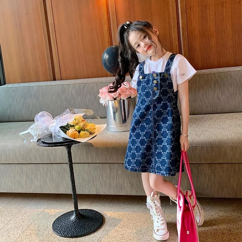 

Fashion Brand Denim Dress Girl Kids Printed Plaid Design Vest Skirt Strap Dress Cotton Short Sleeve T-shirt Summer Two Piece Set