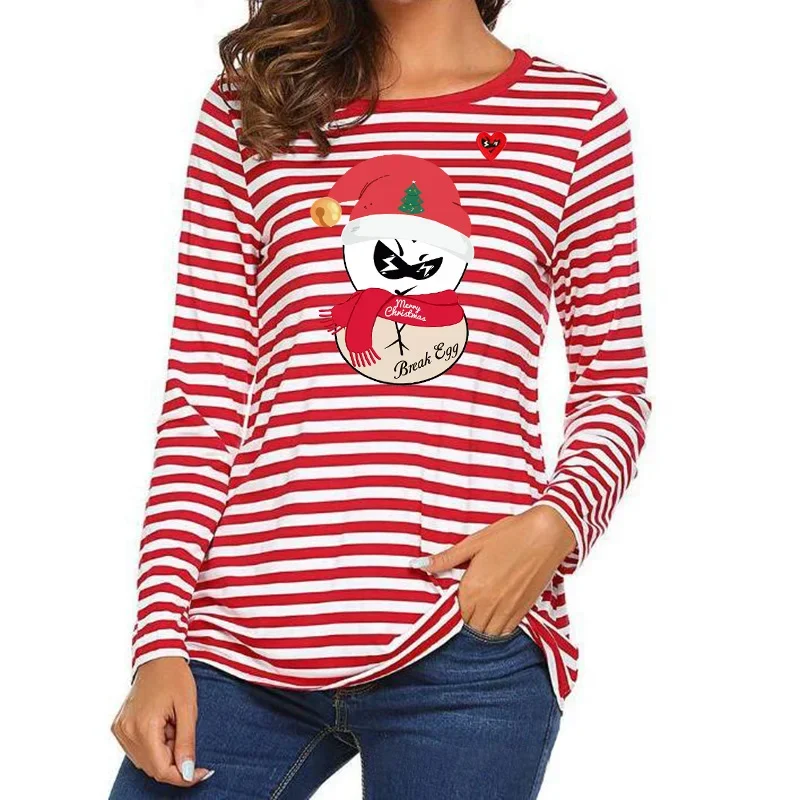 

Break Egg Stripe T-shirt Women Cotton Heart Glasses Embroidery Cartoon Christmas Print O-Neck Long Sleeve Straight T-Shirt