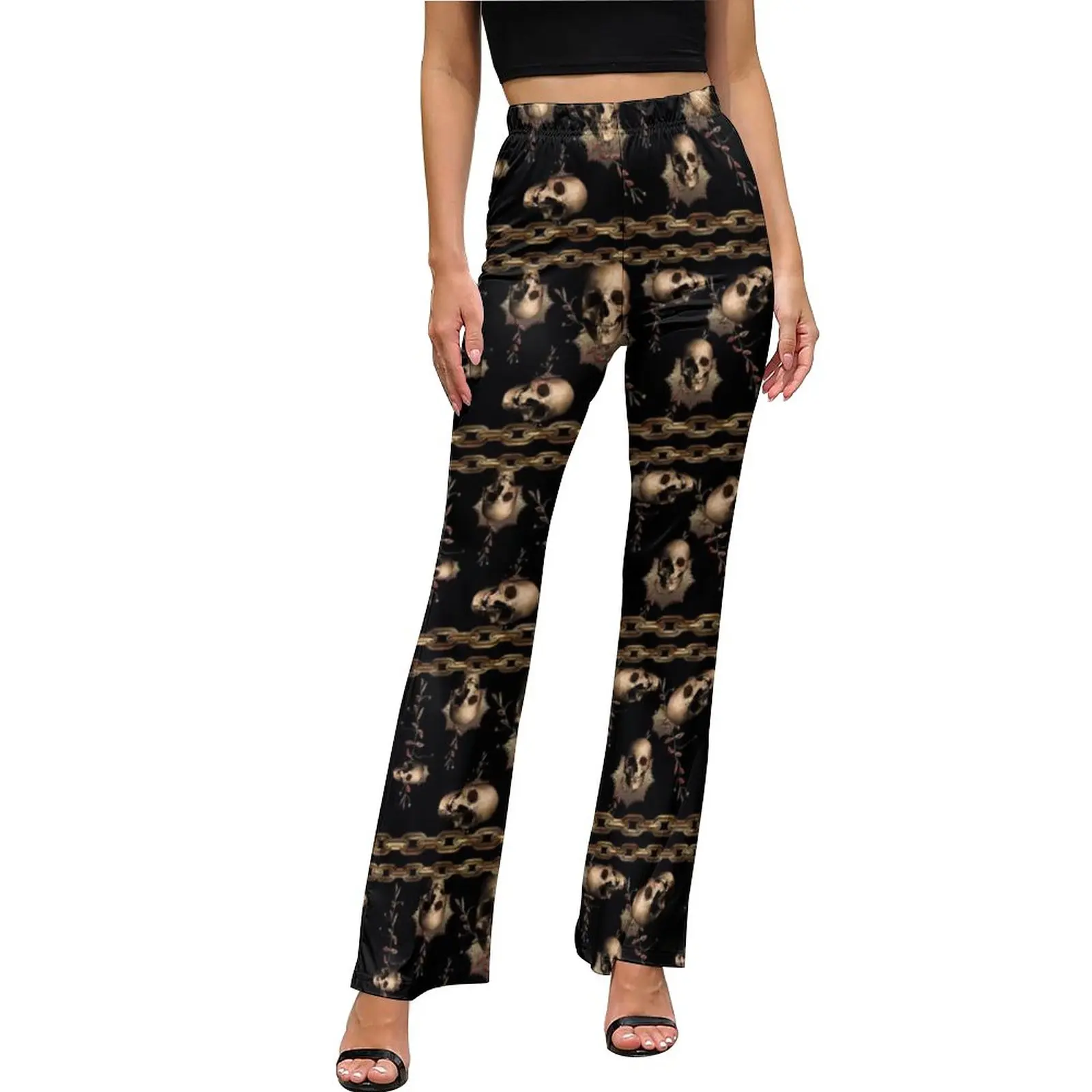 

Steampunk Skull Pants Gold Chain Ediemagic Guilding High Waist Office Flared Trousers Summer Print Aesthetic Pants Birthday Gift