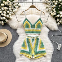 2022 summer knitted jacquard sporty shorts suit tracksuit women sexy beach outfits strap top high waist shorts two piece set new