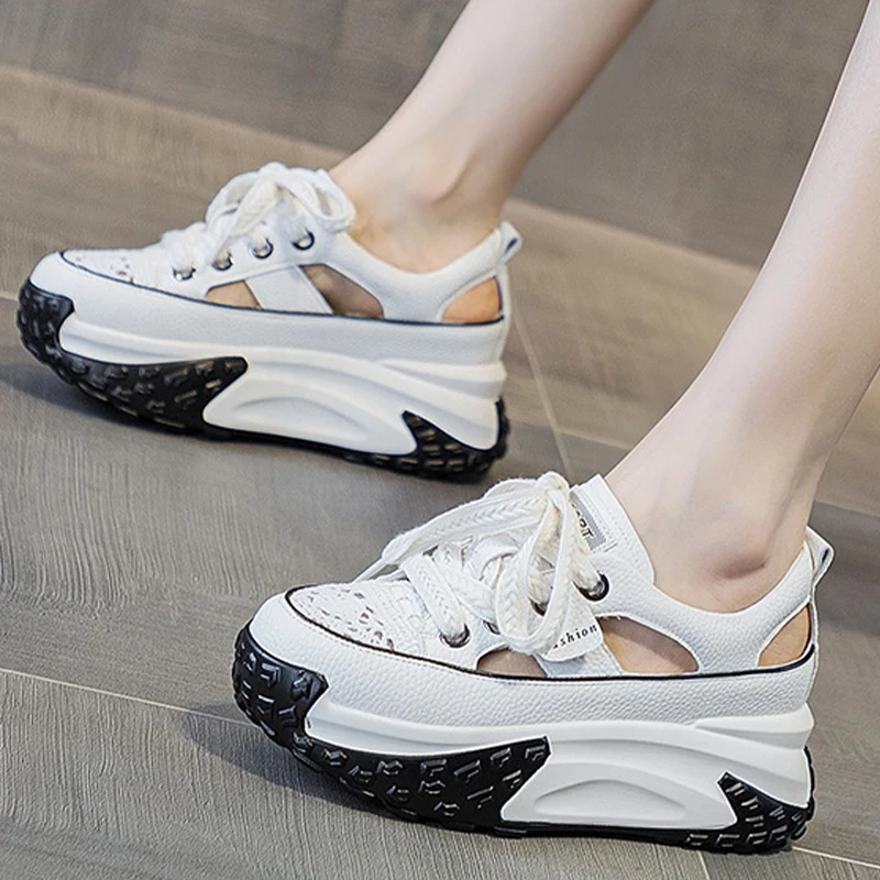7cm Genuine Leather 2023 Platform Wedge Comfy Fashion Lace Breathable Women Chunky Sneakers Summer Hollow Leisure Female Shoes