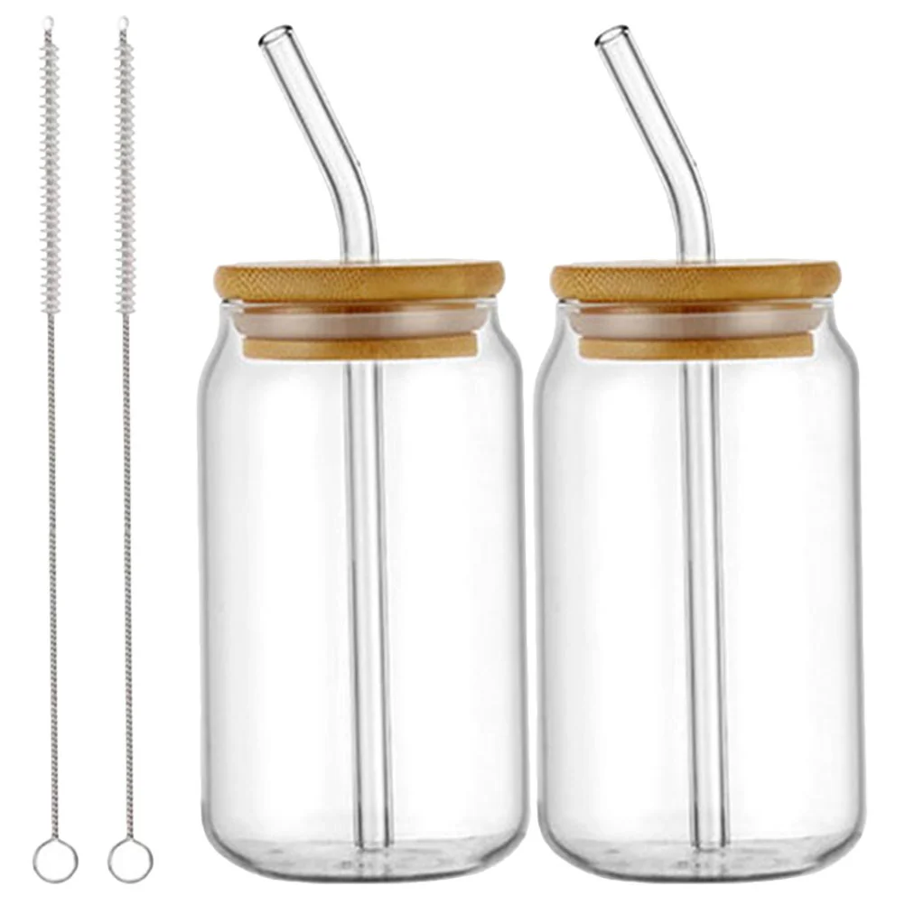 

2 Sets Glass Sippy Cup Beverage Coffee Straws Glasses Bamboo Lids Juice Iced Cups Mason Practical Water