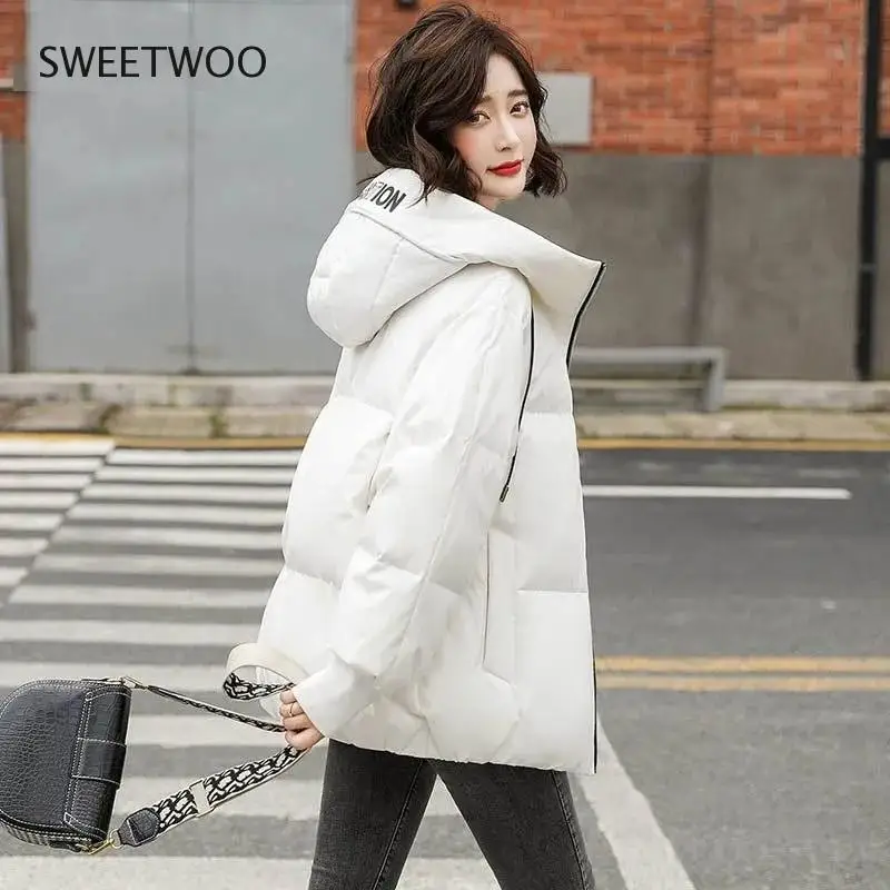 Korean Style 2022 Winter Jacket Parkas Women Stand Collar Solid Black White Female Hood Coat Loose Oversized Womens Short Parka