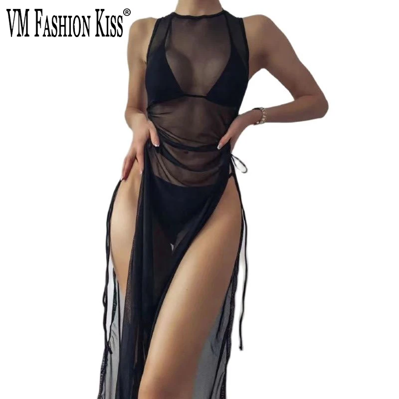 

VM FASHION KISS черный комплект из 3 предметов, блузка с высоким воротником и юбка, бикини, треугольный купальник с лямкой на шее, новинка 2023, однотонный сексуальный разрез