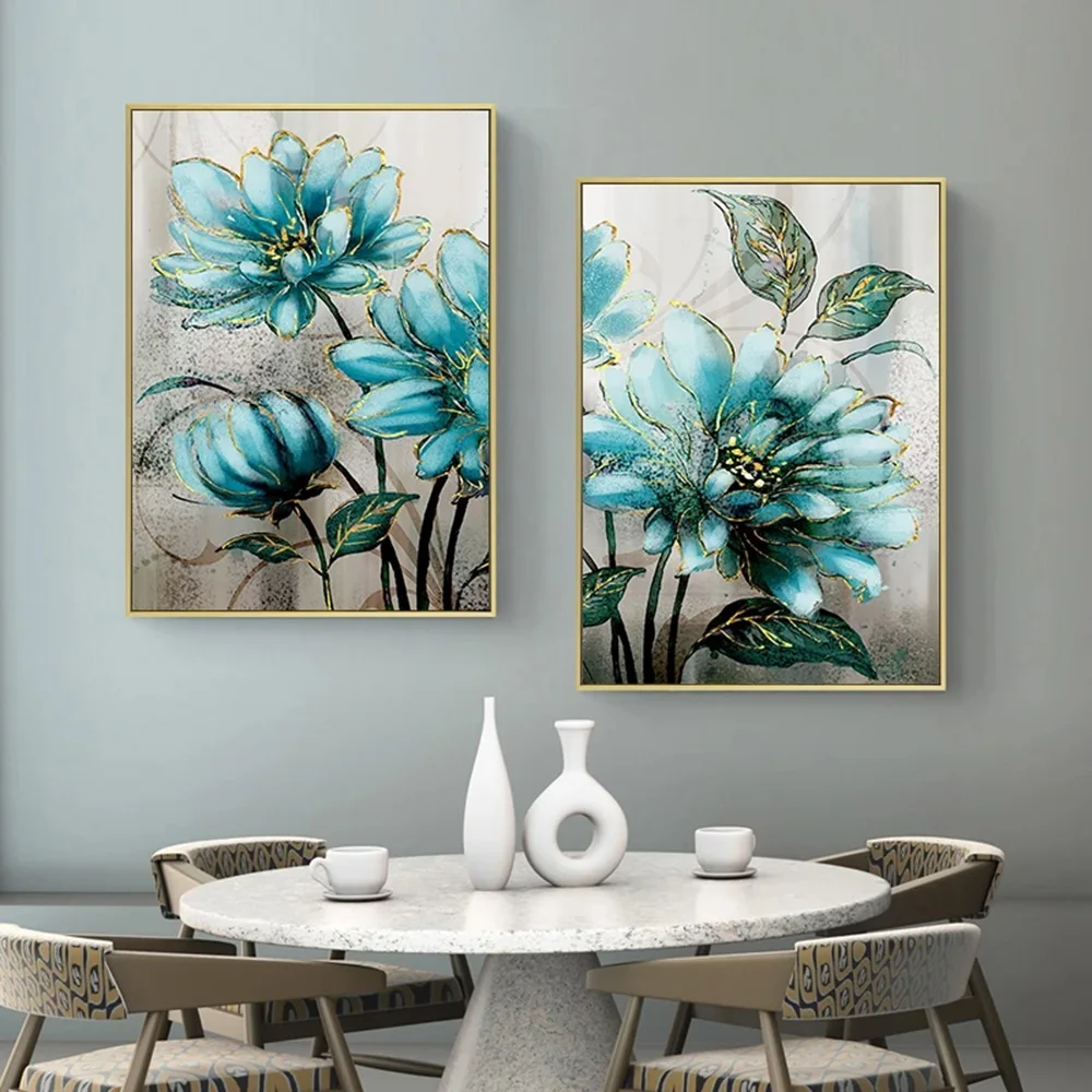 

Blue Flowers Gold Lace Light Luxury Modern Nordic Canvas Painting Posters Prints Wall Picture for Living Room Home Decor Cuadros