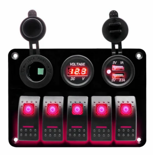 

TYTXRV Hot Sale 5 Gang Control Switch Panel ABS Waterproof 12V-24V RV Caravan Marine Red LED Rocker Switch