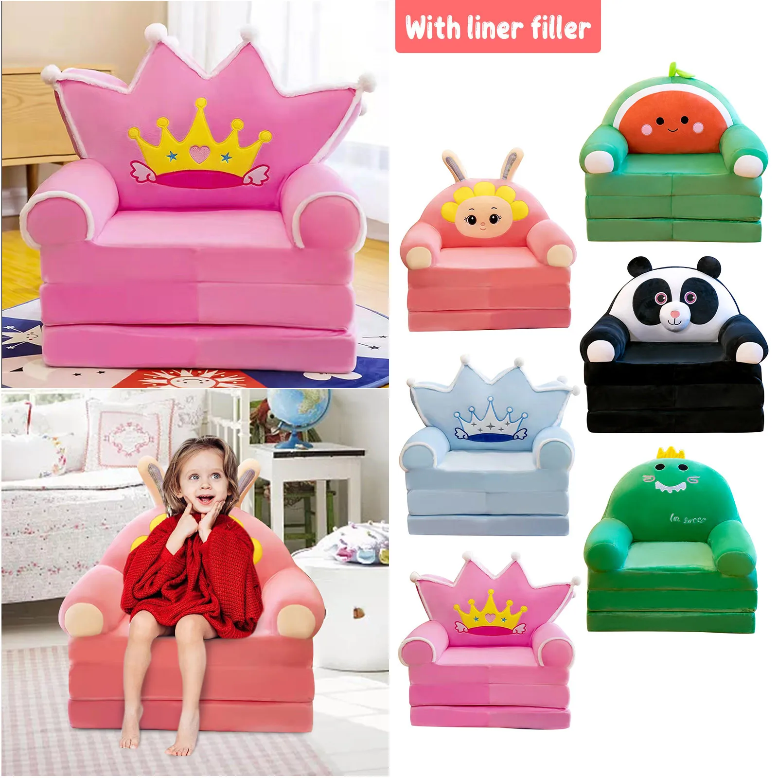 

Tufted Chair Pads Plush Foldable Kids Sofa Backrest Armchair 2 In 1 Foldable Children Sofa Cute Cartoon Outdoor Chair Cushion
