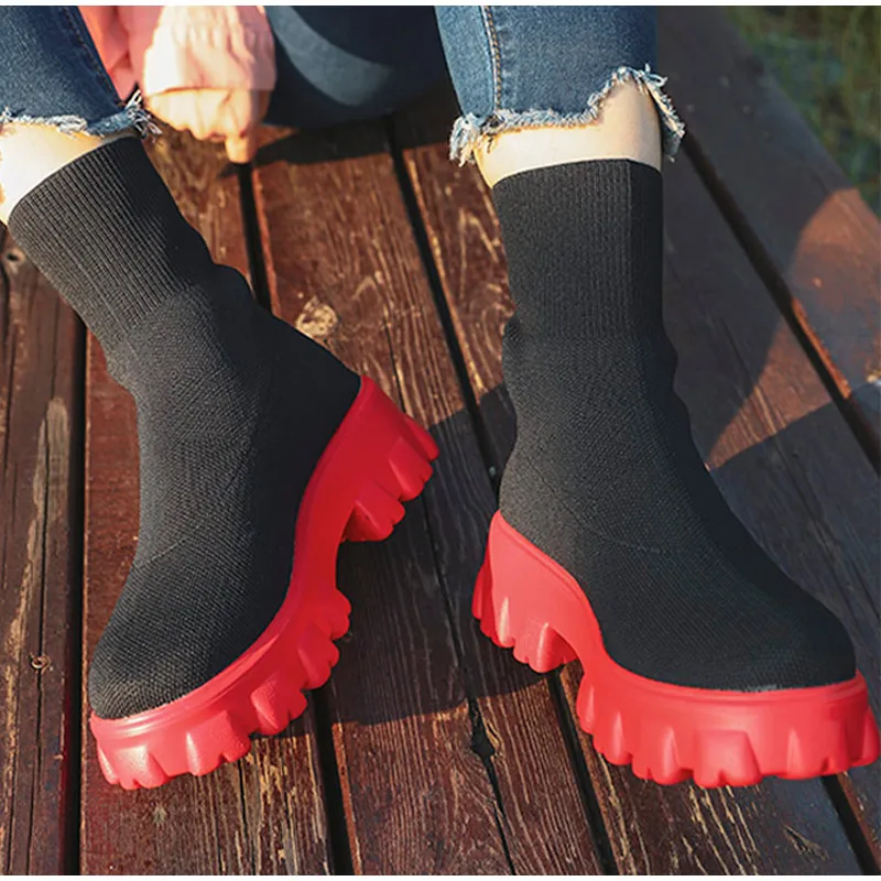 Platform Shoes Women's Fashion Ankle Boots Thick Bottom Casual Shoes Walking Short Boots Autumn Winter Socks Boots
