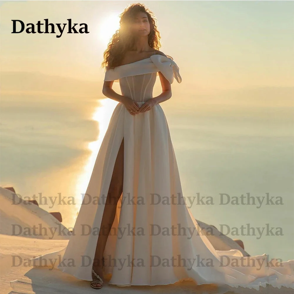 

Dathyka Boat Neck Bow Wedding Dresses Stylish A-Line Off The Shoulder Chiffon Lace Up Court Train Robe De Soirée De Mariage