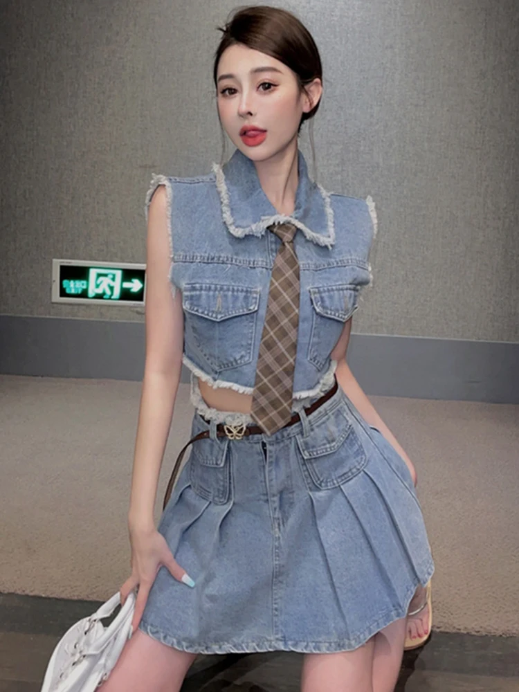 

New Summer Y2K Denim Fashion Sexy 2 Pieces Outfits Women Chic Short Cropped Tops Shirt Blouse Pleated Mini Short Skirt Mujer Set