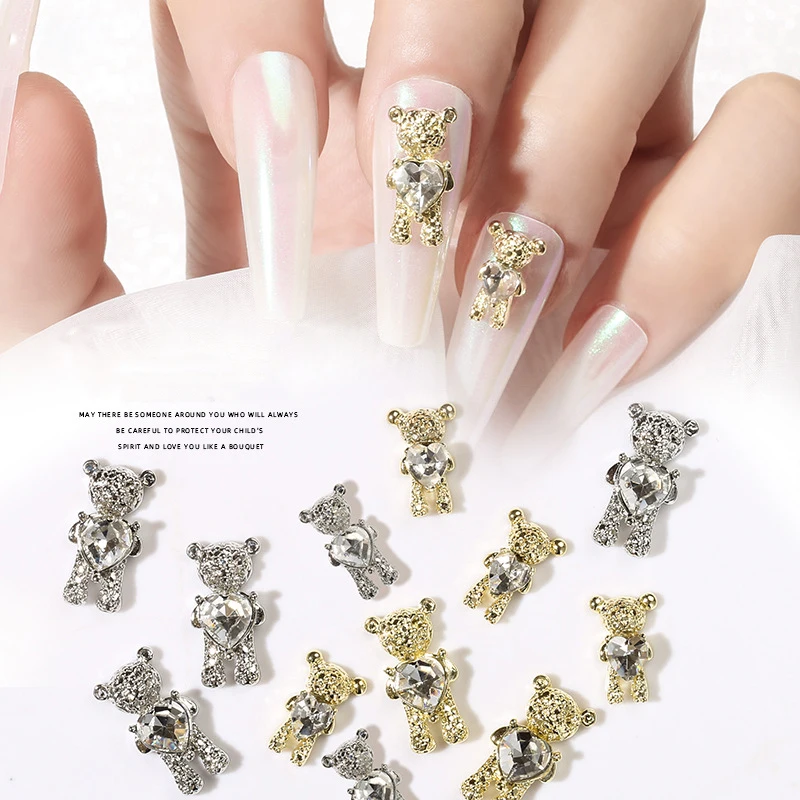 

10pc 3D Cute Alloy Love Bear Shiny Rhinestone Nail Jewelry With Heart Crystal Zircon Luxury Gold/ Silver Metal Nail Jewelry