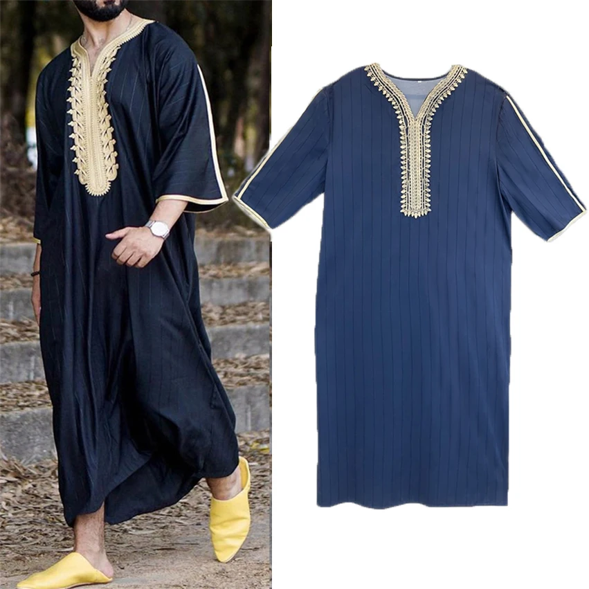 Muslim Abaya Man Jubba Thobe Qamis Ramadan Dubai Men Robe V-Neck Morocco Caftan Turkey Kaftan Daily Casual Islamic Clothing