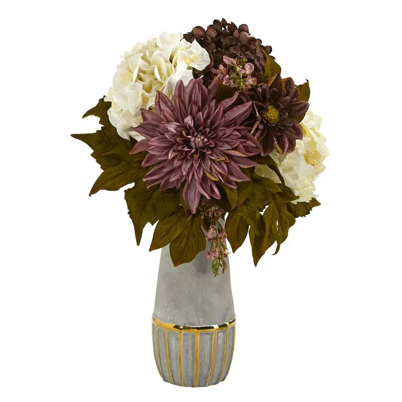 

17in. Peony, Hydrangea and Dahlia Artificial Arrangement in Stoneware Vase with Gold Trimming Wedding Party Vase Home Autumn Dec