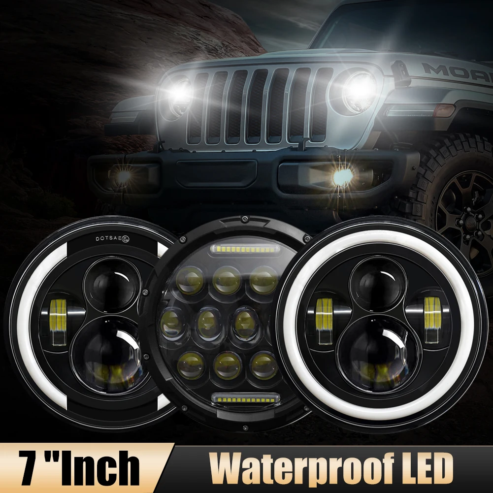 7 inch LED Headlight Angel Eye White DRL High Low Beam with Amber Turn Signal CREE LED Headlamp Waterproof for Motorcycle SUV