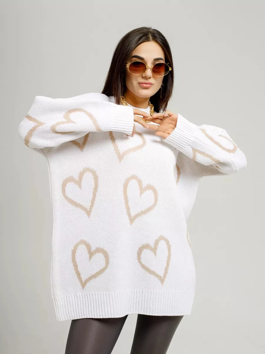 Женский вязаный свитер с принтом сердечек Свободный пуловер круглым вырезом и