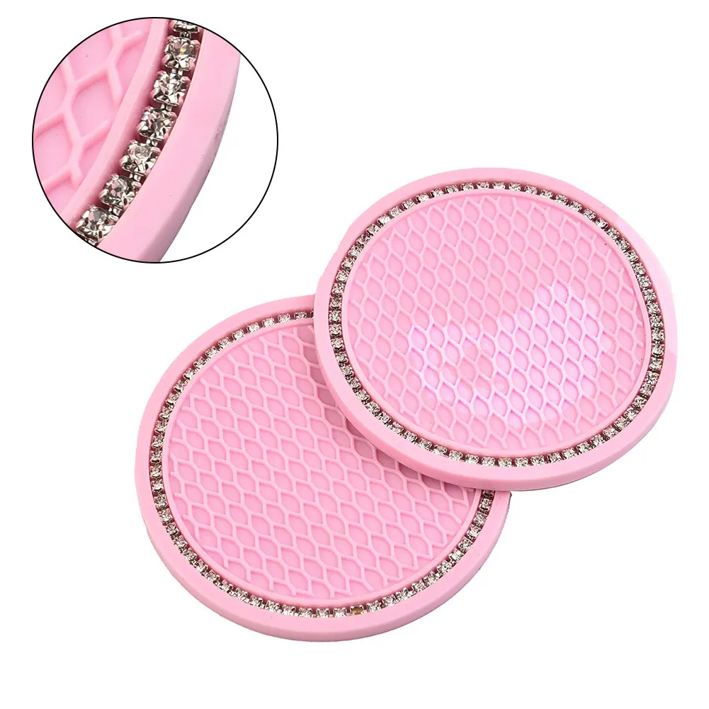 

High Quality New Practical Vehicle Cup Holder Mat Interior Coasters Pad Pink Rhinestones Universal 2pcs Set 7cm Dia