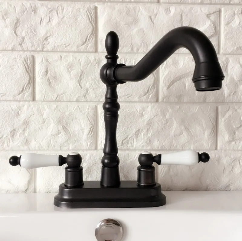 

360 Swivel Basin Faucet Black Brass Dual Handle Hole Deck Mounted Kitchen Bathroom Sink Cold And Hot Water Mixer Taps Dhg076