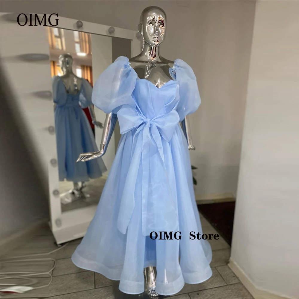 

Real Light Sky Blue Organza Evening Party Dresses Short Puff Sleeves Bow Sash Lace Up Back Ankle Length Kprea Prom Gowns