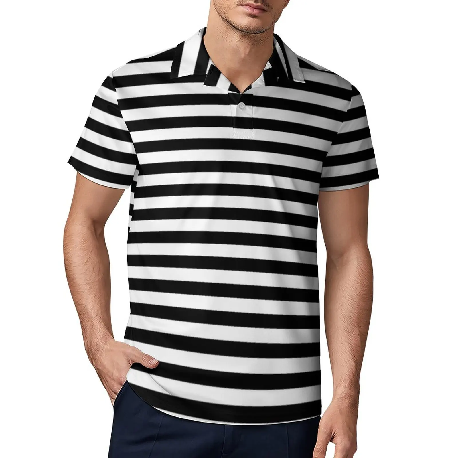 

Повседневная рубашка-поло в черную полоску, футболки в горизонтальную полоску, рубашка с коротким рукавом, Пляжная Модная рубашка-поло овер...