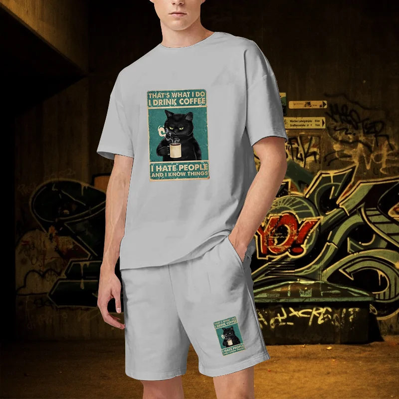 2 Piece Outfits for Men Pure Cotton High Quality Cute Kitten Anime TShirts Shorts Sets 2023 Summer Tracksuit Set Men Oversized