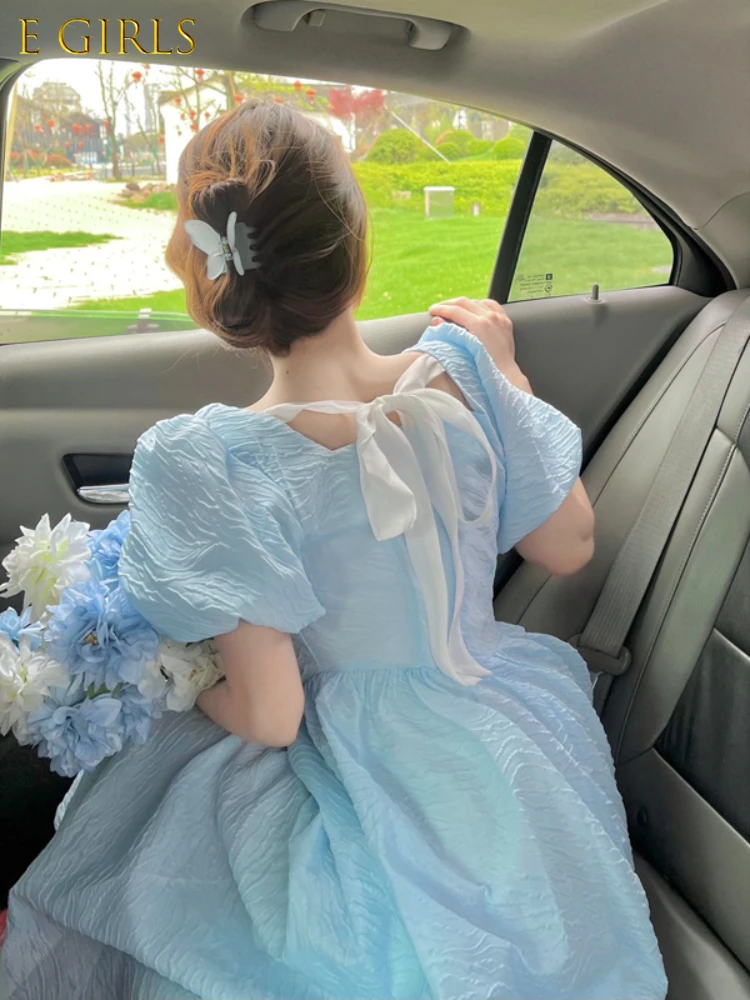 

E GIRLS Puff Sleeve Blue Midi Dress Women Elegant Even Party Dress Female Sweet Fairy One Piece Dress Korean 2022 Summer Chic