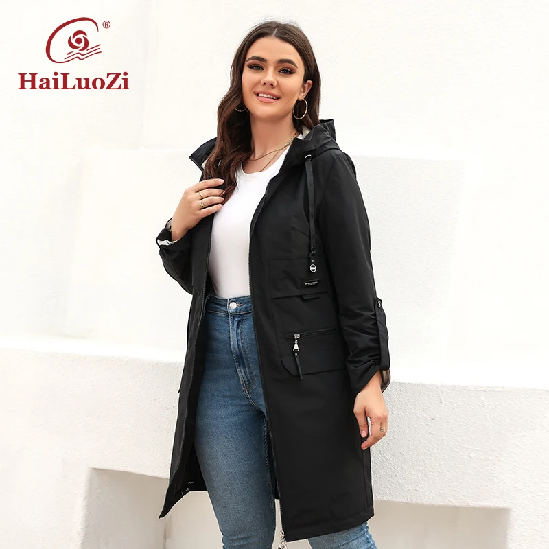HaiLuoZi Spring Autumn Hood Zipper Windbreaker Women's Mid-Length Trench Coat 2022 Plus Size Female Big Pockets Outerwear 9663