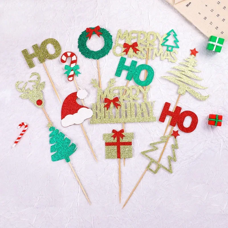 

Merry Christmas Cake Decorations Glittery Paperboard Christmas Tree Deer HOHOHO Cupcake Toppers for Happy New Year Cupcake Decor