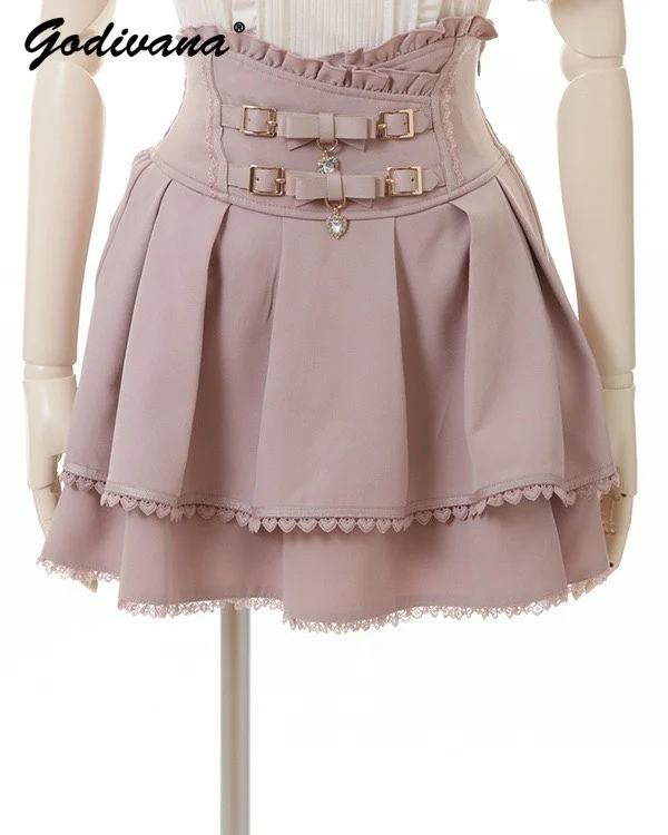 Женская кружевная плиссированная короткая юбка с завышенной талией и кожаным