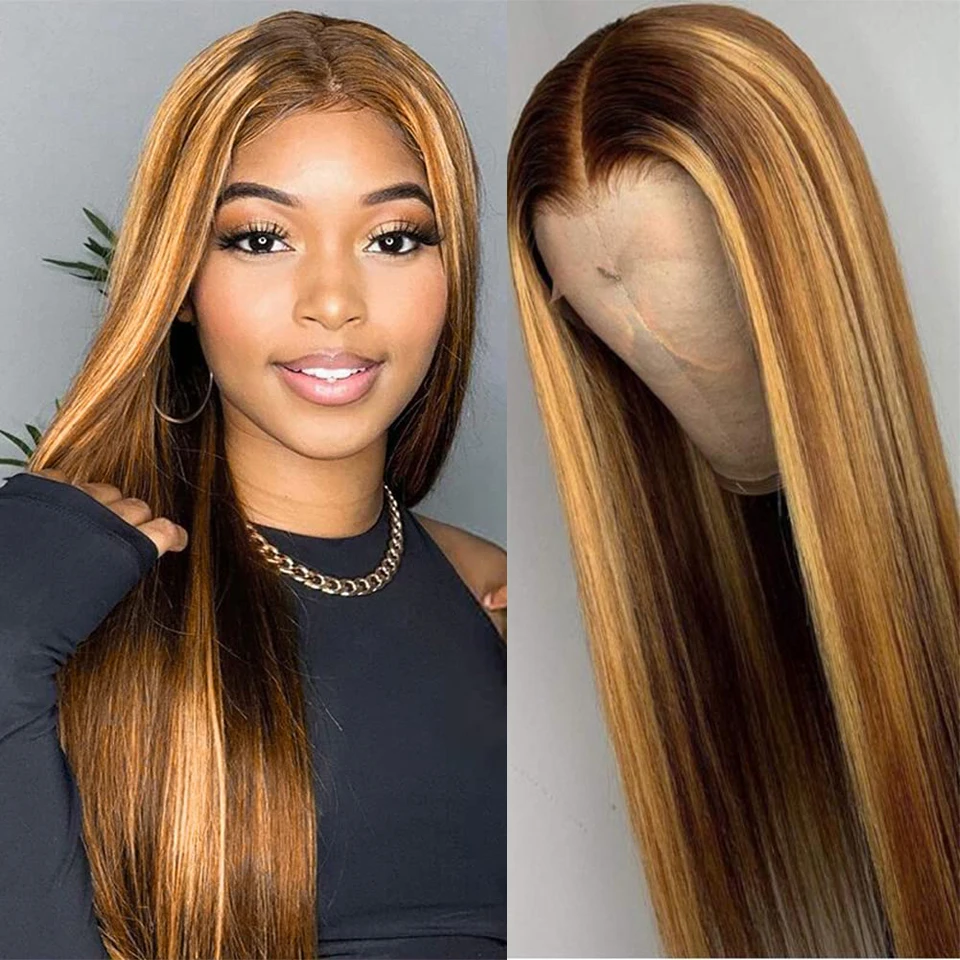 

Human Hair Honey Blonde Transparent Lace Wigs Highlight Wig Remy T Part Brazilian Bone Straight Lace Front Human Hair Wigs