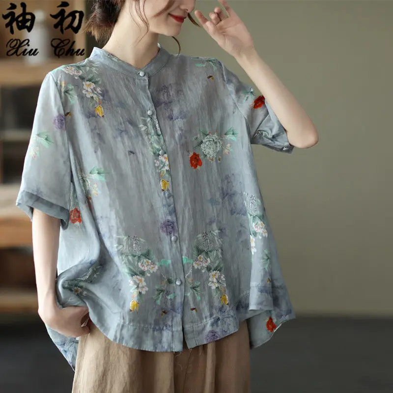 

2022 New Arrival Summer Women Loose O-neck Short Sleeve Blouse Casual Cotton Linen Floral Print Single Breasted Shirts P416