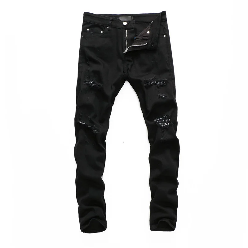 Distressed Ripped Vintage Denim Black Jeans Men Bandana Patched Jeans For Men Skinny Hight Street Trendy Brand Denim Pants 8293