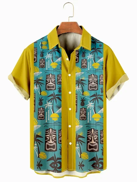 

Mens Aloha Tiki Hippie Coconut Tree Print Lapel Loose Chest Pocket Short Sleeve Funky Hawaiian Shirts, Men's Floral shirt