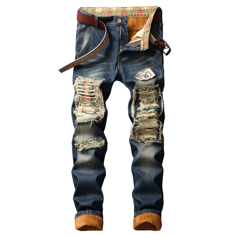 

2022 Winter Warm Jeans For Men Plus Velvet Hip Hop Streetwear Ripped Moto Bike Straight With Hole Fashion Trousers
