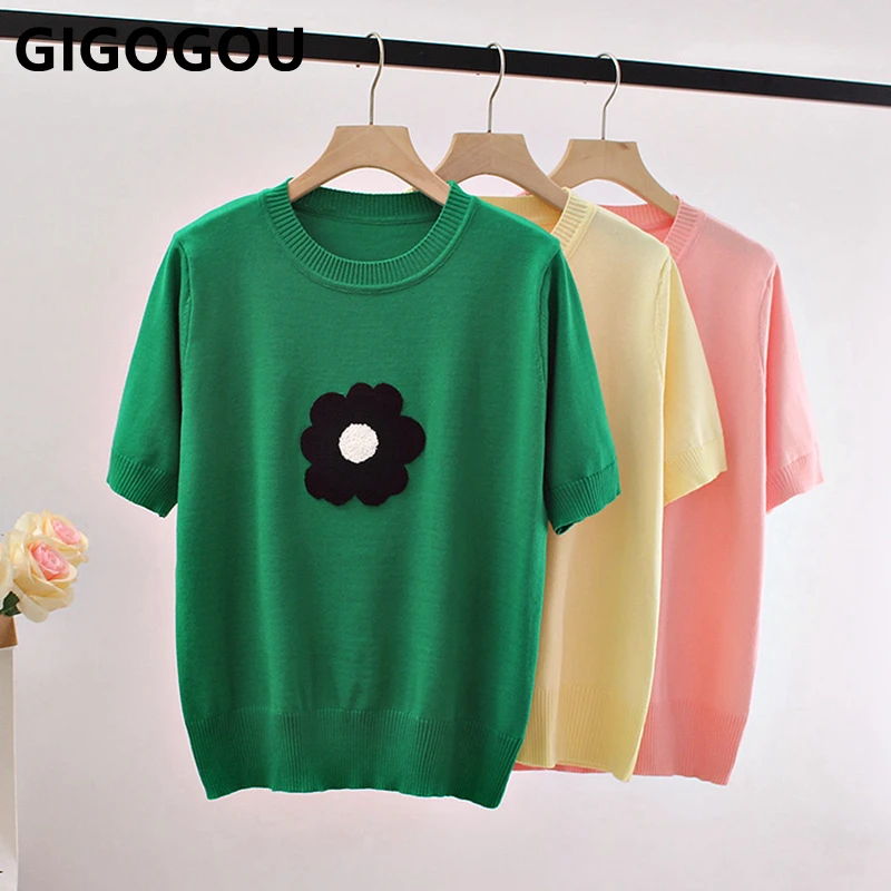 

GIGOGOU Женская летняя футболка с вышивкой, модная базовая свободная футболка с коротким рукавом, Женская Повседневная футболка