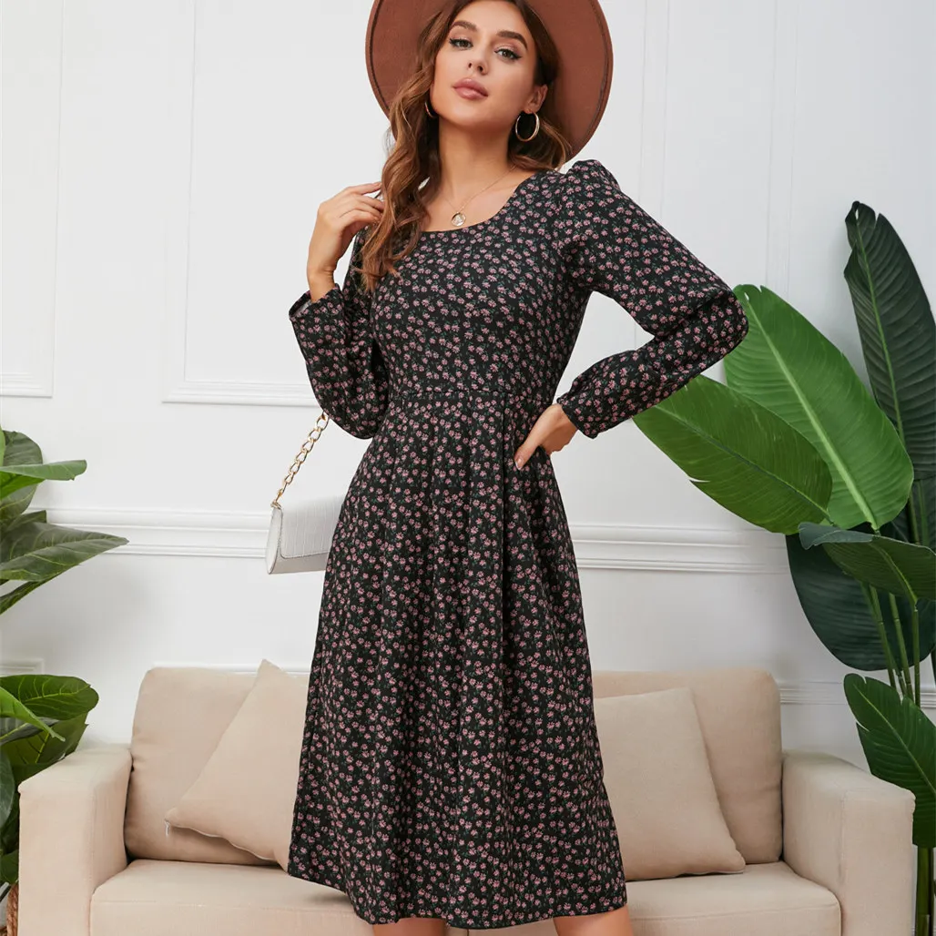 

Женское Повседневное платье-качели с квадратным вырезом, длинным рукавом и высокой талией