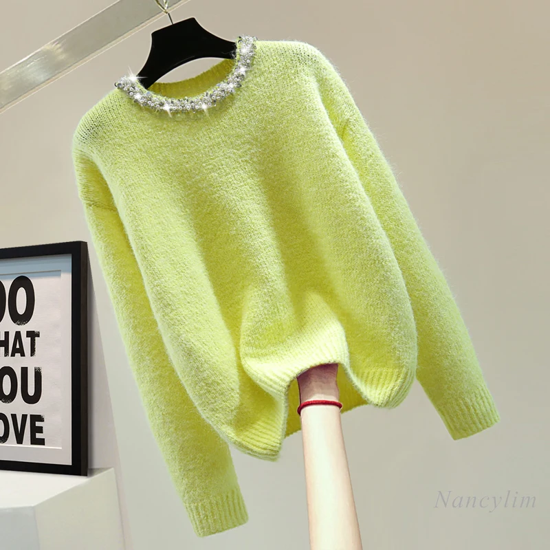 Пуловер с круглым вырезом инкрустированный бисером и бриллиантами вязаный