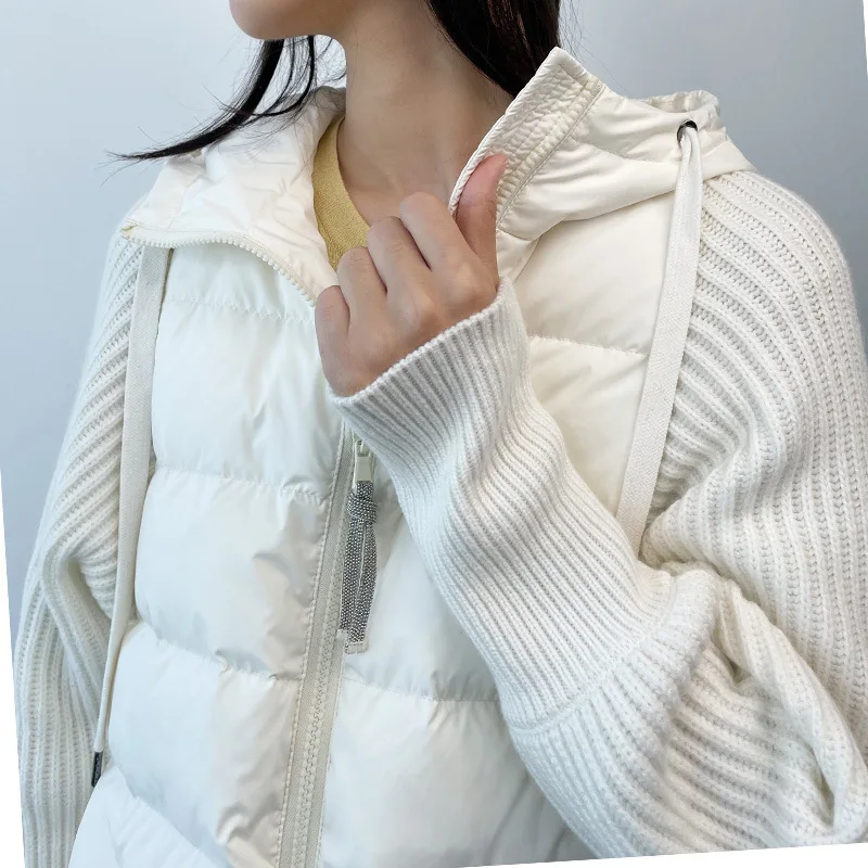 Down Jacket Short Hooded Winter Ladies 90 White Goose Coat Jackets Noble Gesture Splicing White Black Zipper Drawstring Women