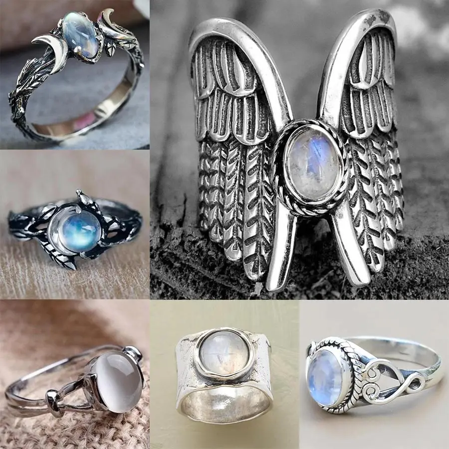 

Vintage Moonstone Rings for Women Gothic Massive Woman Promise Ring Engagement Wedding Jewelry Accessories Gifts Dropshipping